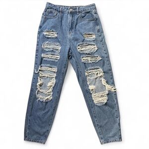 SHEIN High-waisted, wide-leg distressed denim jeans